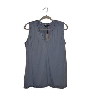 MAX JEANS NEW $50 V-Neck Grommet Trim Sleeveless Knit Top China Blue Small
